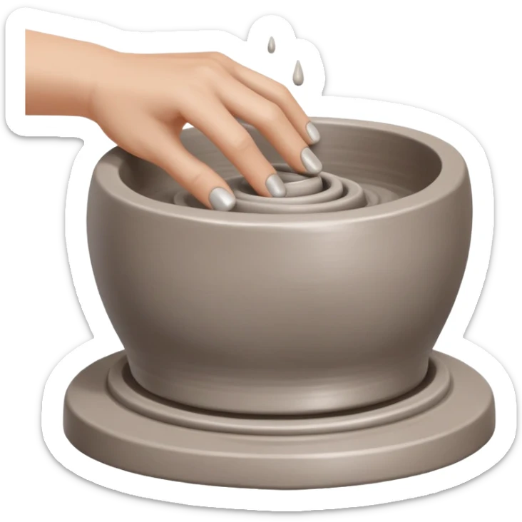 thumb pressing side of clay onto a silver pottery wheel, thumb at the bottom of the clay, pottery gesture sticker