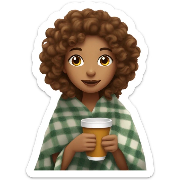 Tan skin Brown curly hair Girl drinking cup of tea, with a cozy blanket sticker