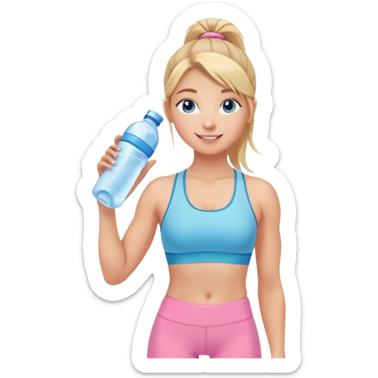Fit wellness girl – sun-kissed skin, high ponytail, bright blueish eyes, baby pink sports-bra + leggings, holding water bottle, calm confident smile sticker