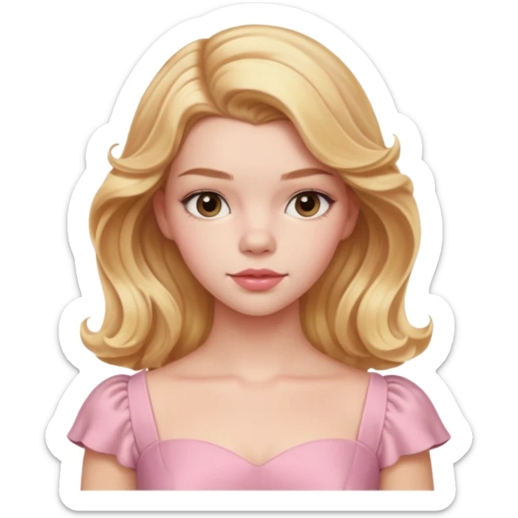 Cinematic Realistic Anya Taylor Joy Portrait, depicted with lifelike skin texture, subtle rosy undertones, and soft natural lighting that enhances the sweet blush contours of her face. Her intricately detailed golden blonde hair is elegantly wavy, and pink dress corquette sticker