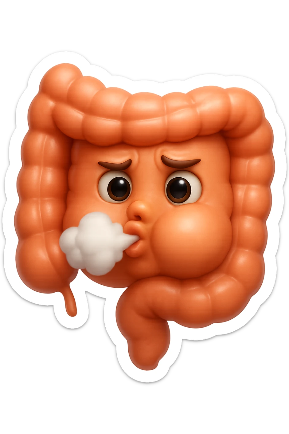 emoji stile iphone di un intestino che ingoia una nuvoletta di aria ben visibile e gli si gonfia la pancia, non fargli il naso, iperrealistico 4k sticker