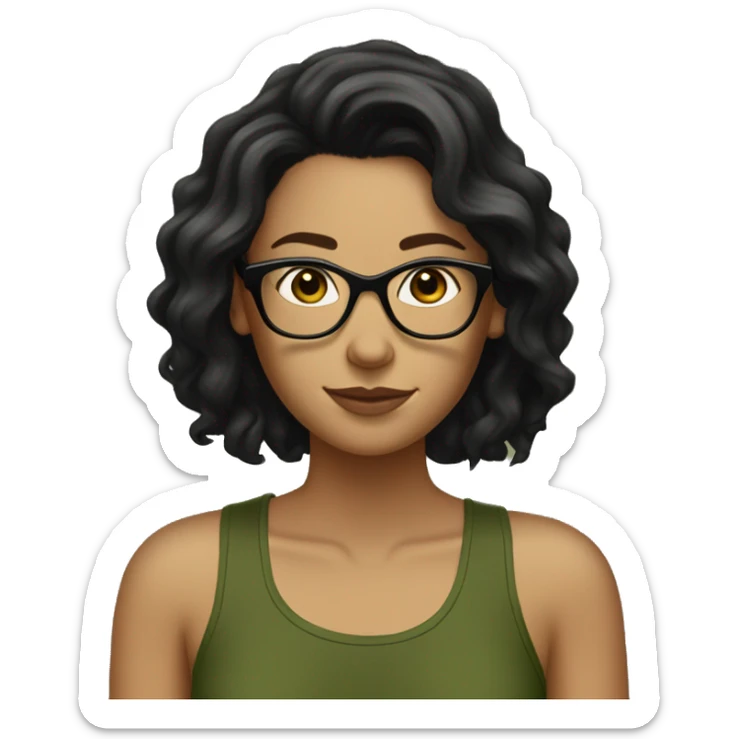 white skined woman with wavy long black hair with a olive green tank top with glasses tortoise  sticker