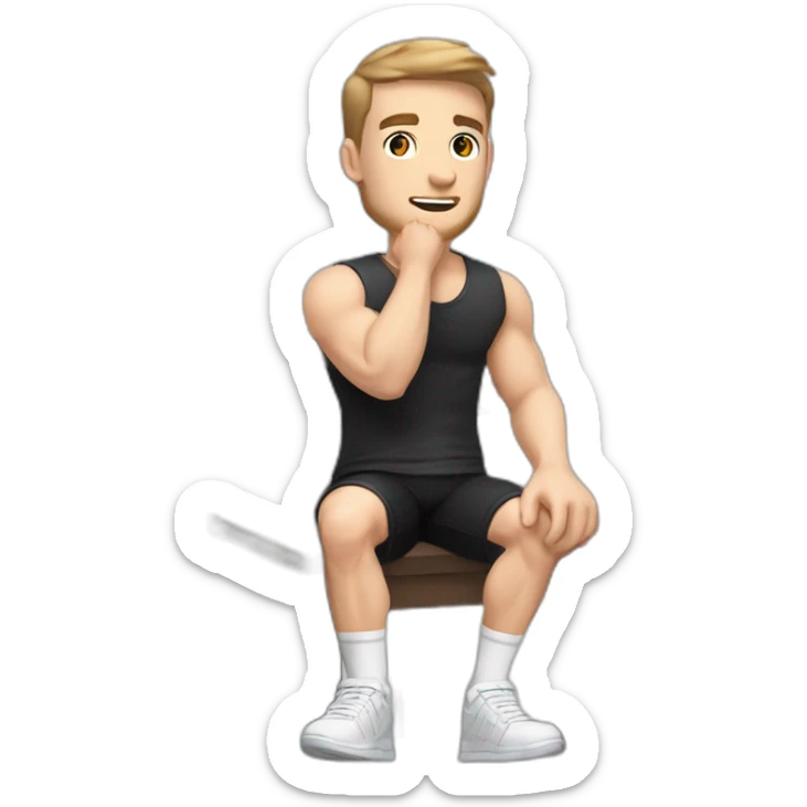 Pale skinned Fit Man With the biceps and dark brown hair in black shirt, gray sports shorts and white Sneakers Sitting on a chair sticker