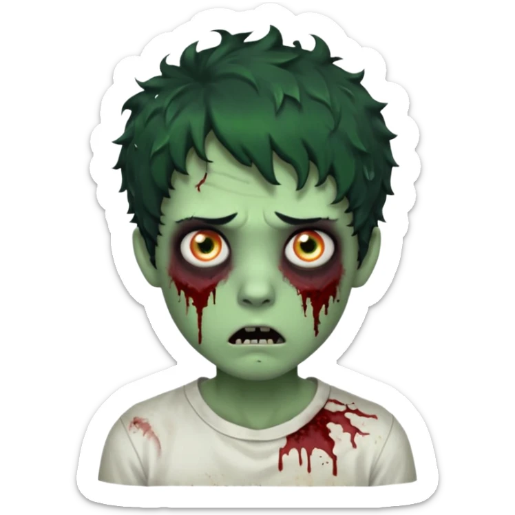 zombie character with green skin, messy short curly black hair, and no glasses. Give him large expressive eyes, a slightly frightened or eerie expression, subtle wounds, dark under-eye shadows, and a few cracks or dried blood marks on the face.  white shirt and without bleeding eyes **BLACK HAIR** sticker
