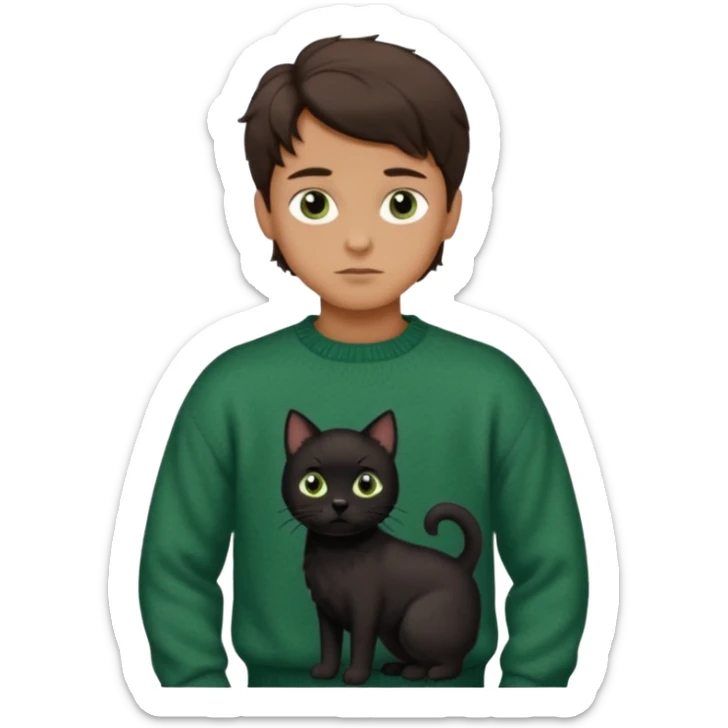 kid with chiseled jawline, brown eyes, flat brown hair facing down, wearing vintage sweater, standing with black dog with wavy hair and black eyes, and black cat with straight hair and green eyes sticker