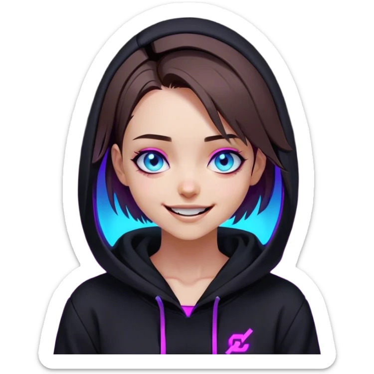a girl with a brown bob and blue eyes in a black hoodie laughs and holds her head Cyberpunk style. Violet neon. sticker