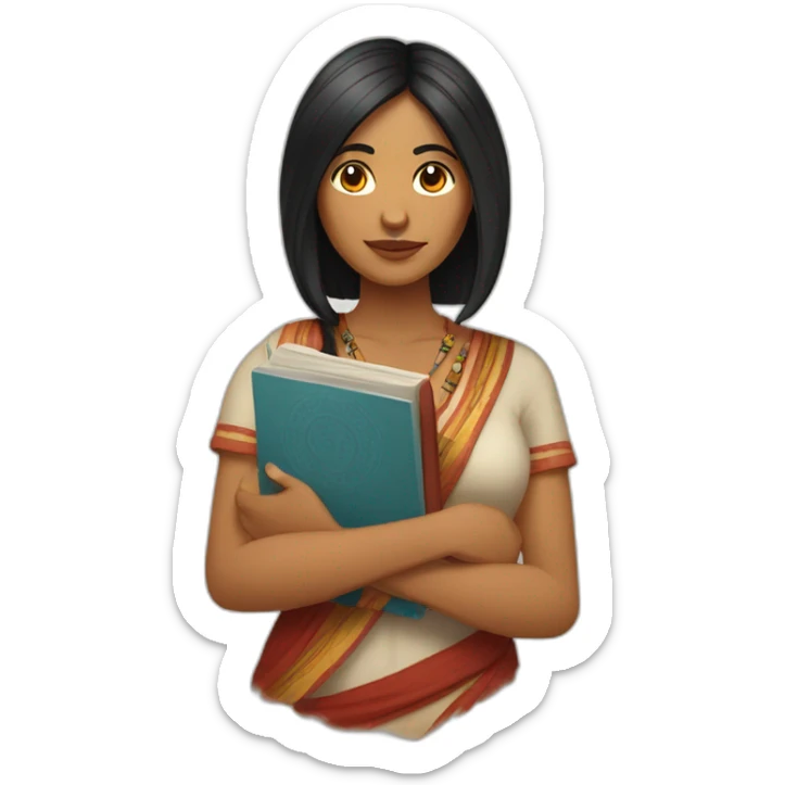 A Portuguese- Indian Woman with native indian face and a  book in her hand long black hair  sticker
