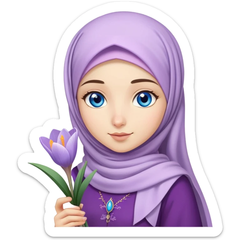Turkish beautiful finish Konya girl blue eyes with crocus flower hijab long tail dress and hold crocus flower on hand  sticker