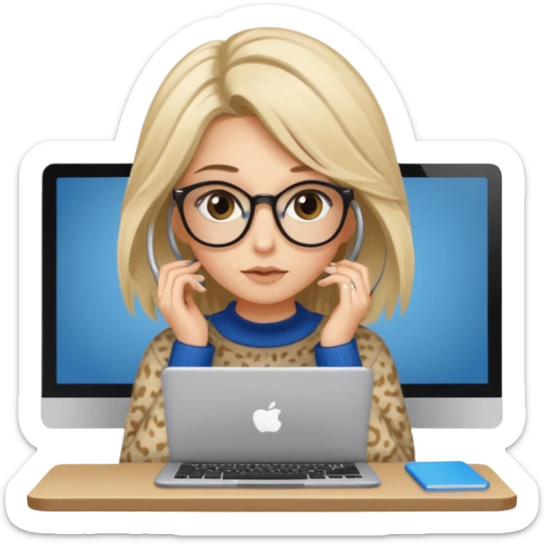 ragazza bionda con capelli lunghi, con occhiali tartarugati, occhi azzurri, con maglione beige, seduti alla scrivania che lavora al pc sticker