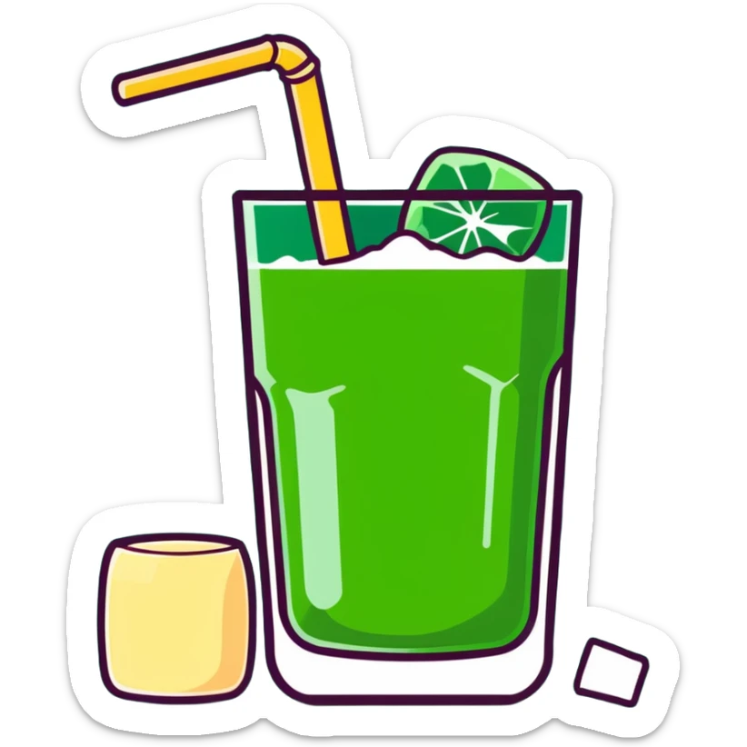 Tall glass of sweet sugarcane juice with ice cubes, light green liquid, straw, and sugar cane stalks beside it sticker