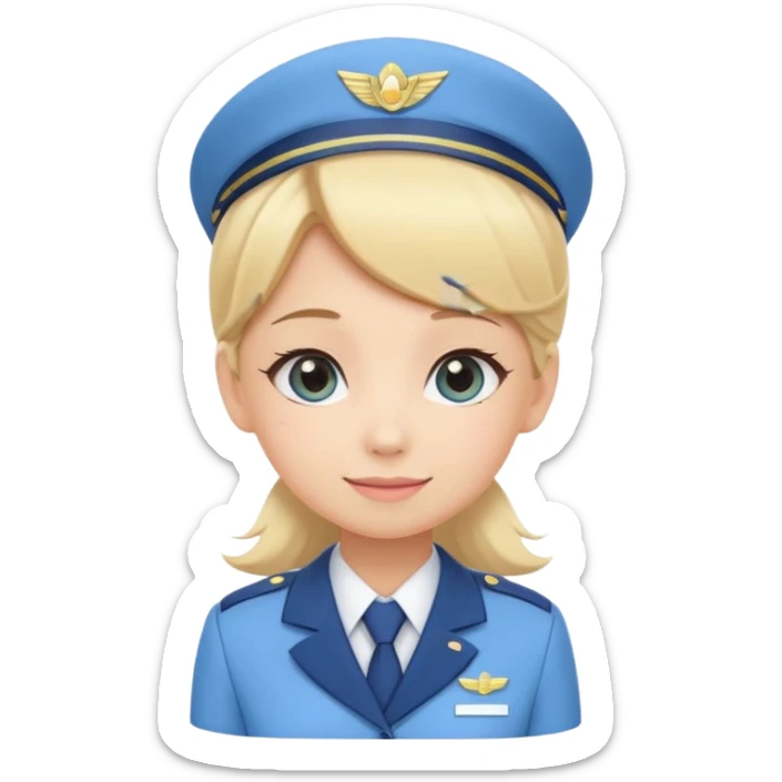 Cute emoji-style Japanese flight attendant, blonde hair, pastel blue airline uniform, kawaii cartoon style, big eyes, simple clean lineart, pastel colors, chibi proportions, friendly smile, sticker/emoji, transparent background sticker