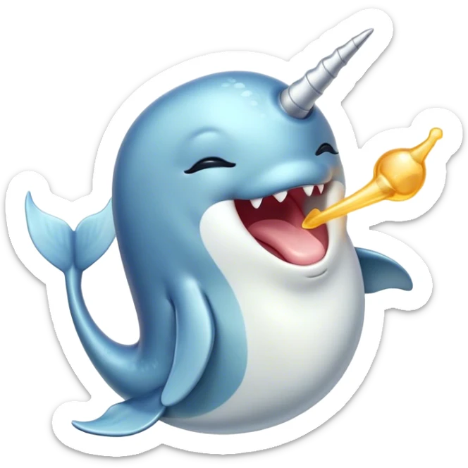 Cinematic Cute Yawning Narwhal Portrait Emoji, Head tilted slightly with a dramatic, wide-open yawn, showcasing a sleek, graceful form and a subtly curved tusk, sleepy eyes half-closed in drowsy contentment, Simplified yet irresistibly adorable features, highly detailed, glowing with a soft, cozy oceanic glow, high shine, relaxed yet expressive, stylized with a touch of whimsical charm, bright and endearing, soft glowing outline, capturing the essence of a drowsy yet affectionate sea guardian that seems ready to drift out of the screen for a nap! sticker