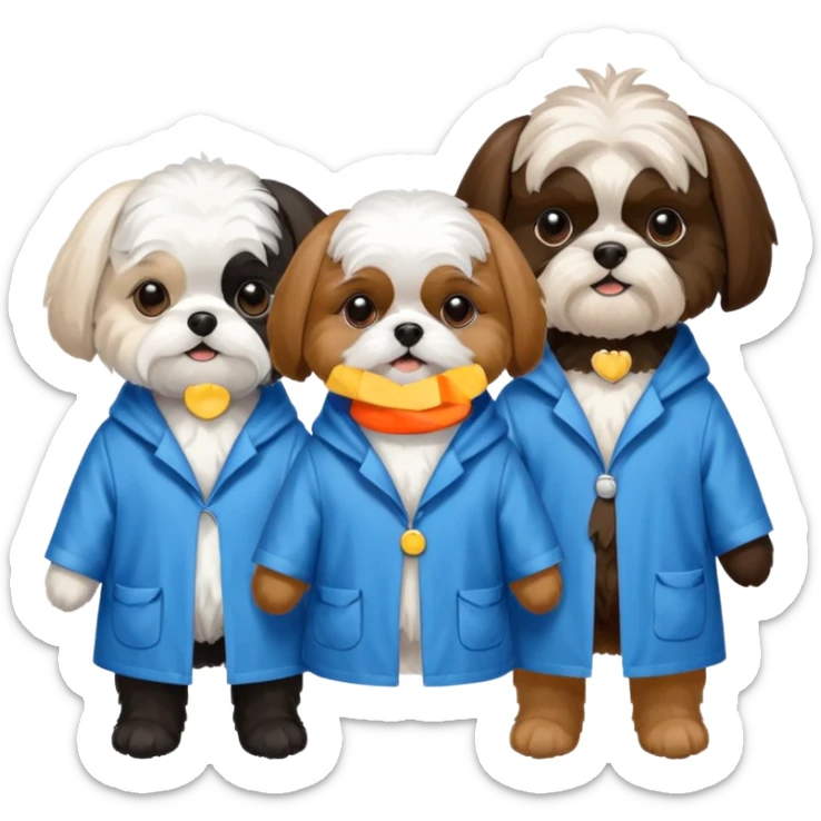3 dogs wearing rain coats, one white maltese, 1 brown tri colour shihtzu and 1 black and white shitzu sticker