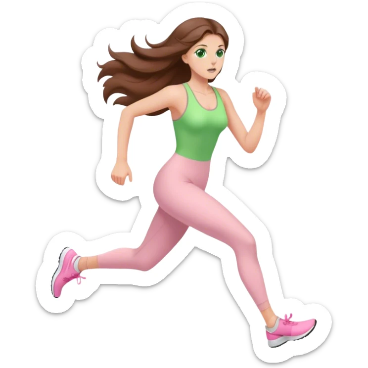 pretty woman with very long brown hair and green eyes and light pink outfit running sticker