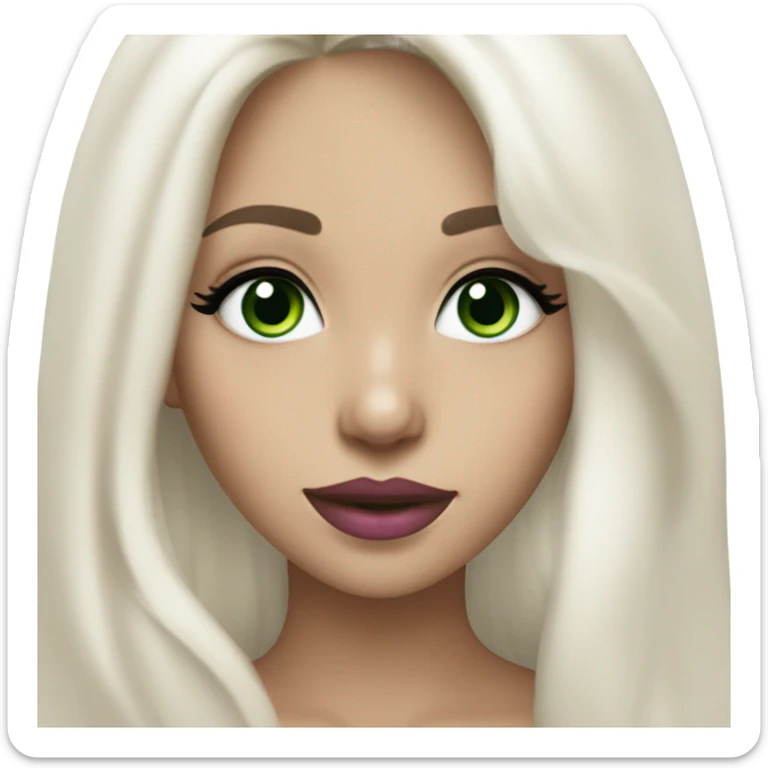 Girl with white blonde long hair and dark green eyes with black eyeliner and very white teeth and pink lipstick sticker