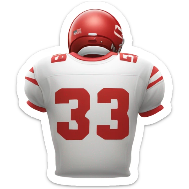 Red and white football jersey with the words “Three Peat World Champs sticker
