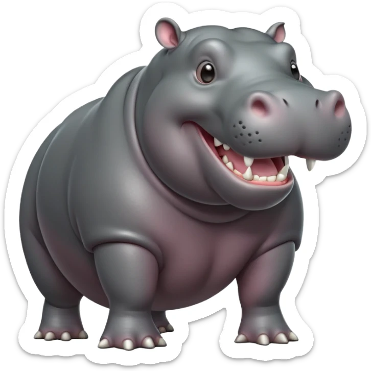 cinematic-hippo-realistic-full-body-side-view-standing-on-all-fours-emoji,-massive-round-frame,-wide-mouthed-grin-exposing-huge-teeth,-head-tilted-dramatically,-thick-grey-hide-glossy sticker