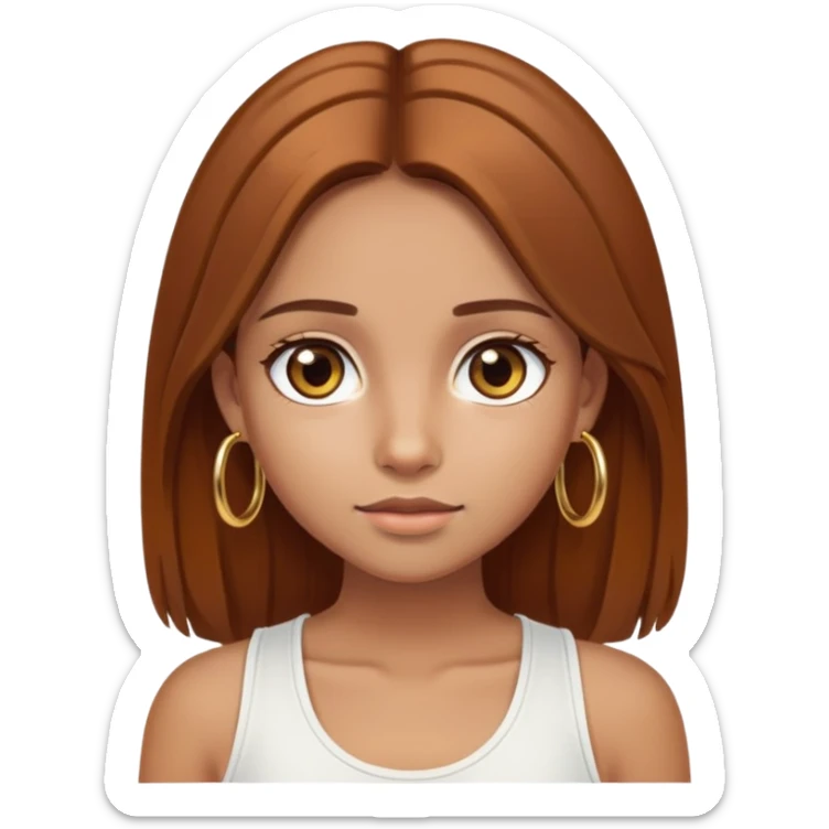 Tan-skinned girl, long straight chestnut hair center-part, big brown eyes, gold hoops, white tank sticker