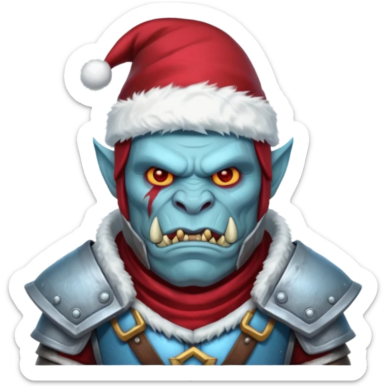 
Fantasy Christmas orc legion soldier icon, iron tundra army theme, heavy winter armor, disciplined brutal look, icy blue steel armor with deep crimson accents, frozen metal texture, cold winter atmosphere, male variant sticker