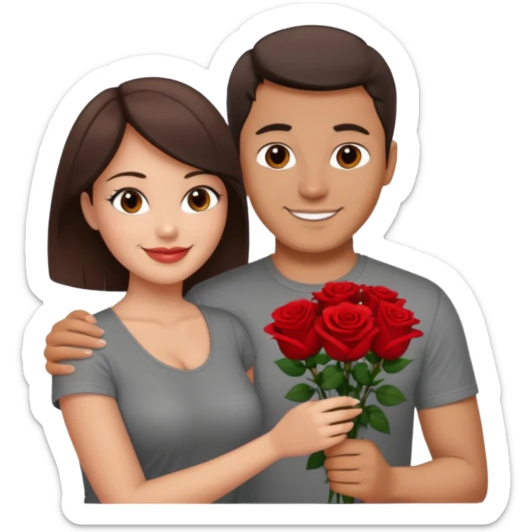 smiling man in grey shirt giving flowers to a pretty, sexy, slightly curvy white woman with short dark brown hair  sticker