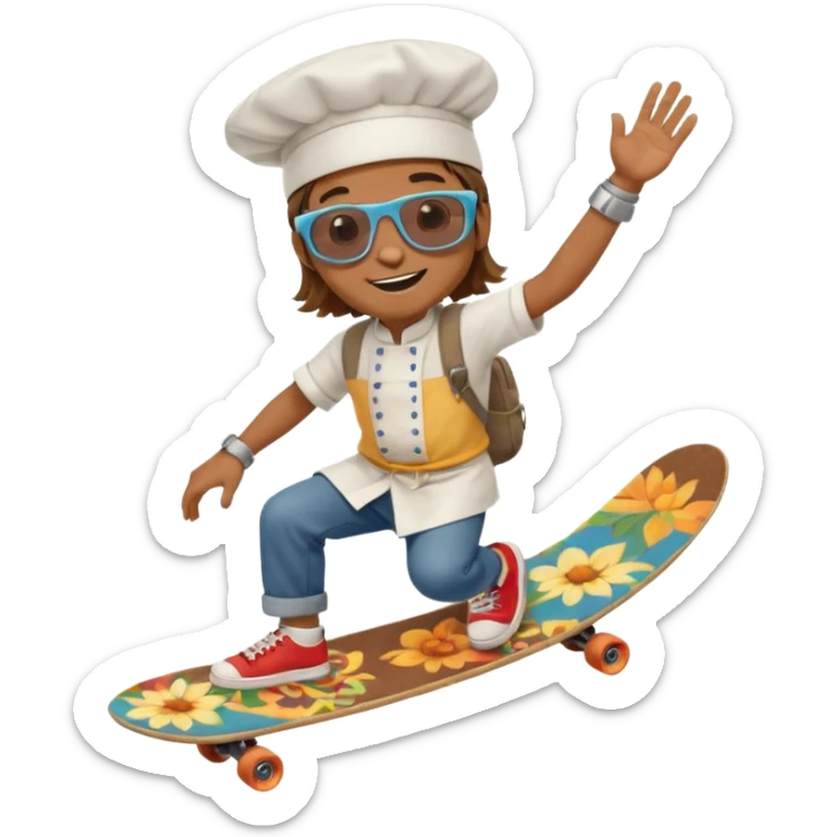 ["A happy boy with brown skin, straight hair, wearing a chef hat and sunglasses, dressed in hippie fashion, is skateboarding while holding a backpack."] sticker