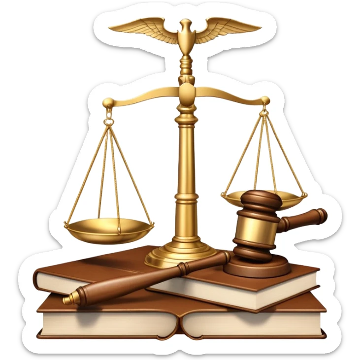 An icon featuring a gavel, scales of justice, and legal books, symbolizing law. The design includes a courthouse building in the background, representing the legal system and justice. Transparent background highlights the authority and structure of the law. sticker