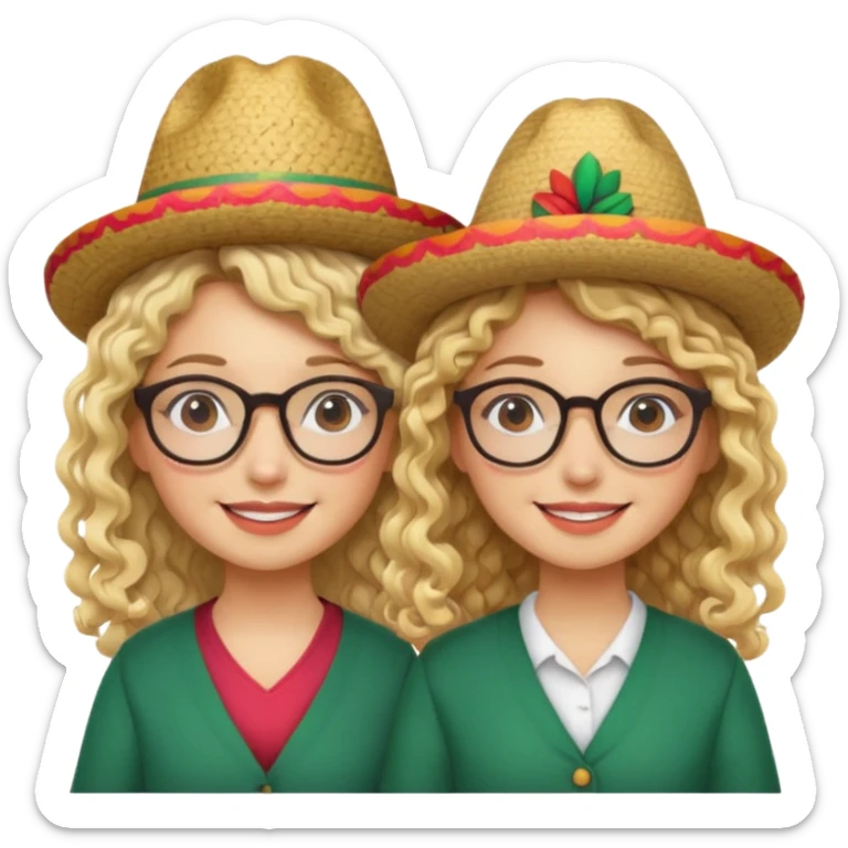2 blonde girls, one with curly hair and glasses and the other with straight hair and glasses. both wearing Mexican hats sticker
