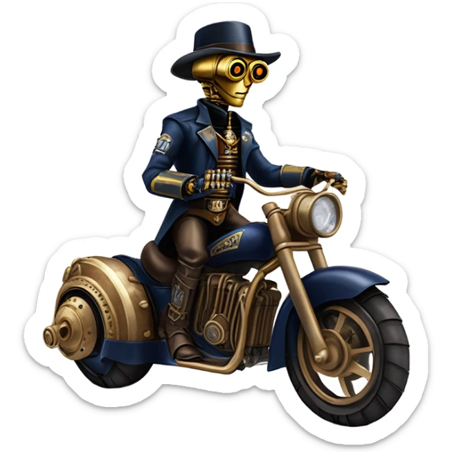 Bounty hunter C-3PO wearing a pair of navy-blue rimmed steampunk goggles, hat, leather chaps, fringe jacket riding a fast sporty 3 wheeler trike steampunk motorcycle in desert town  sticker