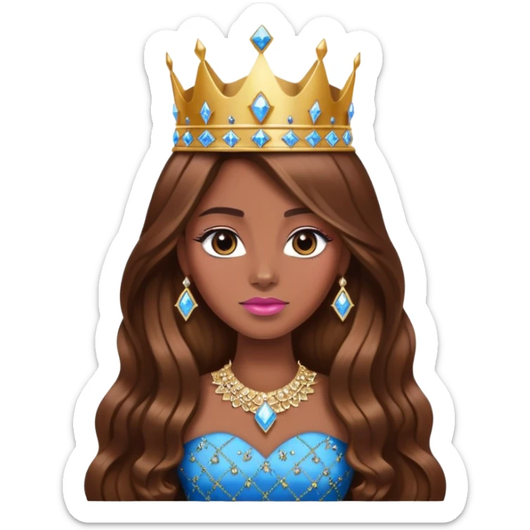 Queen, brown long hair, big golden crown encrusted with pink diamonds, black dress with blue diamonds sticker
