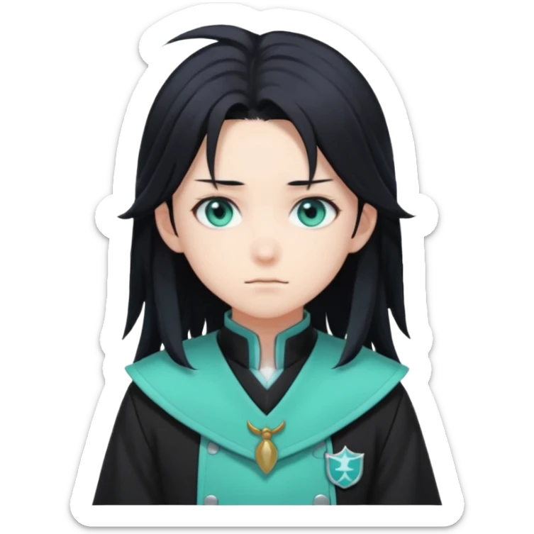 Tokito Muichiro emoji style — calm boy with long black hair fading mint green, turquoise eyes, pale skin, dreamy face, wearing dark Demon Slayer uniform, black + teal tone, anime cute clean style. sticker