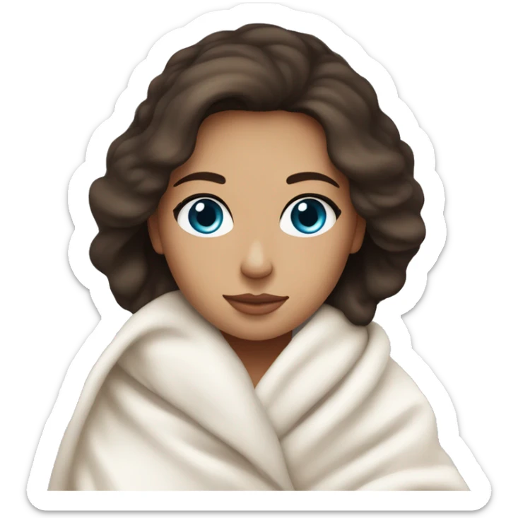 Beautiful brunette with slightly tan skin and blue eyes, wrapped up cozily in a warm white blanket. sticker