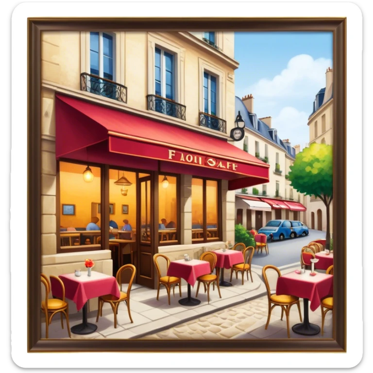 Cinematic Realistic Caf√© Culture Pop Culture Emoji, showcasing a vibrant French caf√© scene rendered with rich textures and warm, inviting lighting. sticker