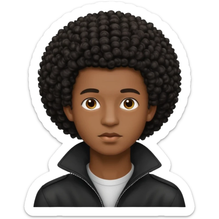 Une homme de 17 ans il a la peau noir foncé , des lèvres pulpeuses  . Il a un taper bouclé afro mais que au dessus car les cheveux ont un taper et des contours  sticker