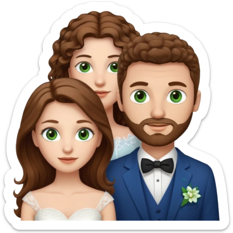 wedding couple, woman has long straight brown hair and green eyes, man has short light brown curly hair and facial hair with blue eyes sticker