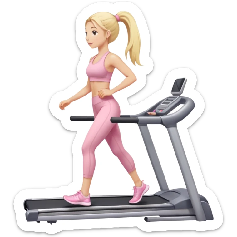girl with long blonde pony tail walking on treadmill wearing light pink yoga set sticker
