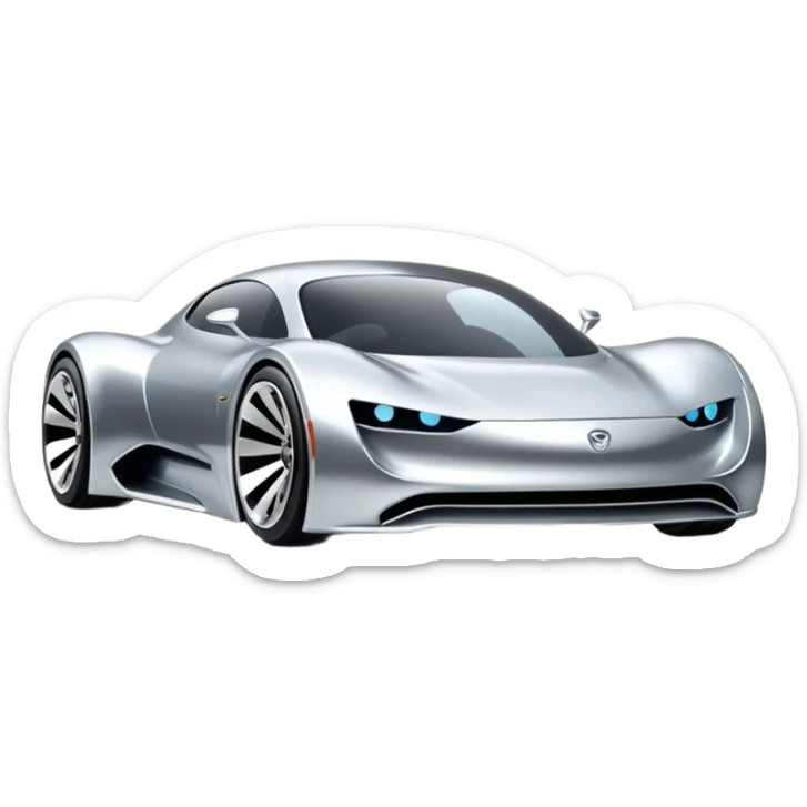 A low-profile futuristic car emoji made of polished silver chrome, wide body stance, smooth aerodynamic shape, glossy metallic surface, soft reflections, luxury swag aesthetic, minimal details, iOS emoji style, centered on clean white background, studio lighting sticker