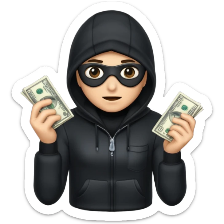 Robber with money na mão direita com uma blusa de frio preta e moreno sticker