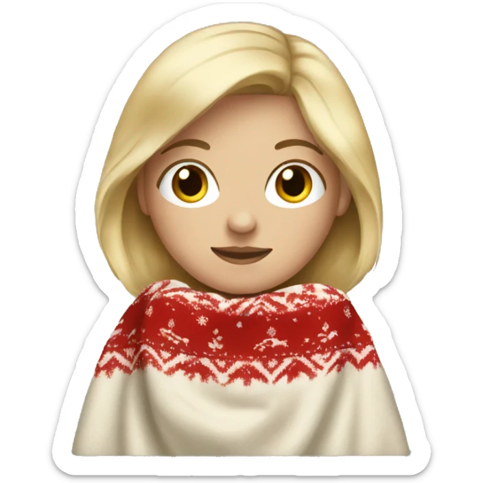 white female, blonde hair, wearing a christmas blanket sticker