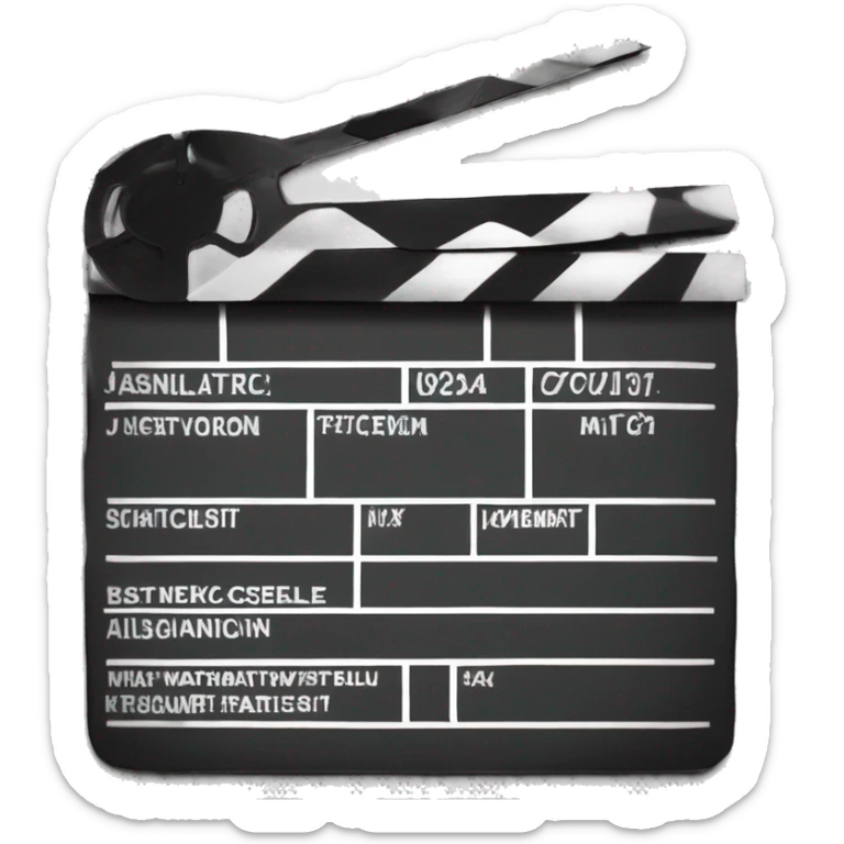 “Create an emoji of a traditional black film clapperboard, commonly used in movies to cut scenes. The clapperboard should feature a black and white striped top and a black base with white lines or text to resemble the classic design.” sticker