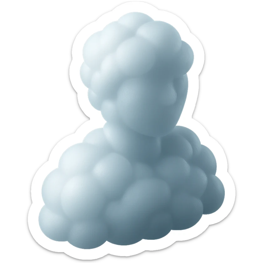 person made entirely of bright, convex clouds, shoulder height, looking straight ahead, matte glass style sticker