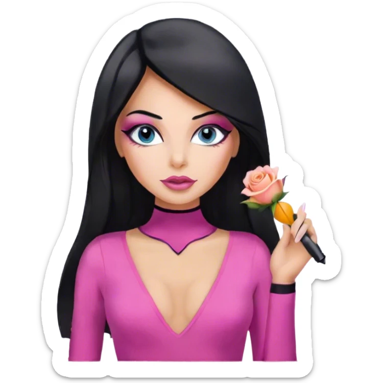 Glamours, tanned, very beautiful girl, with big pump peach-beige-rose lips, eyeliner, long lashes, black straight smooth silky long hair, straight parting hair, blue-grey eyes in pink bodysuit sticker