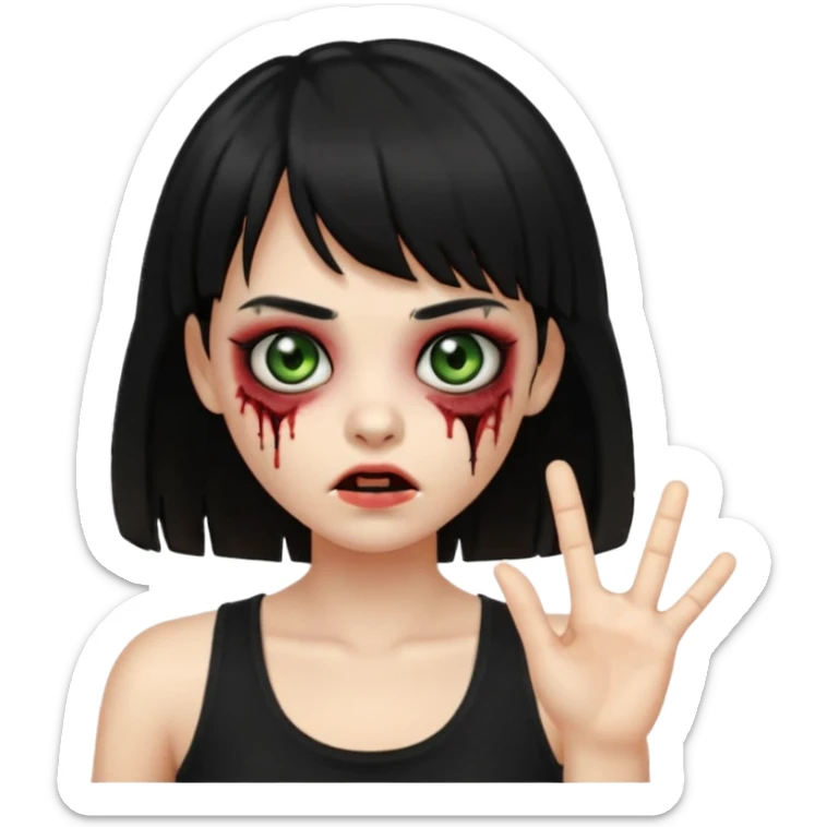 Crie um emoji de zumbi garota do iphone, que tenha o cabelo preto longo, pele levemente esverdeada, de cumprimento no peito, que tenha uma franja no tamanho da sobrancelha, com os olhos escuros e que use uma regata preta sticker