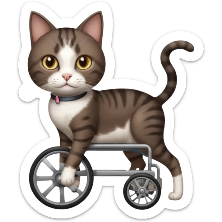 full body small short hair dark brown and white cat with hazel eyes walking in a wheelchair for cats sticker