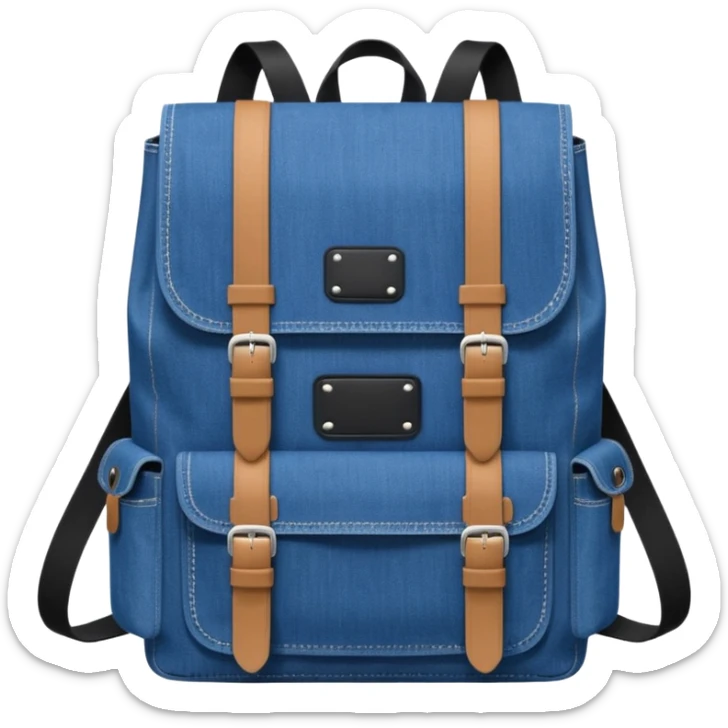 Minimalist emoji-style icon of a stylish blue denim backpack with a flap top, two vertical black buckle straps,and two zipper side pockets. Inspired by Tommy Jeans design. 

 sticker