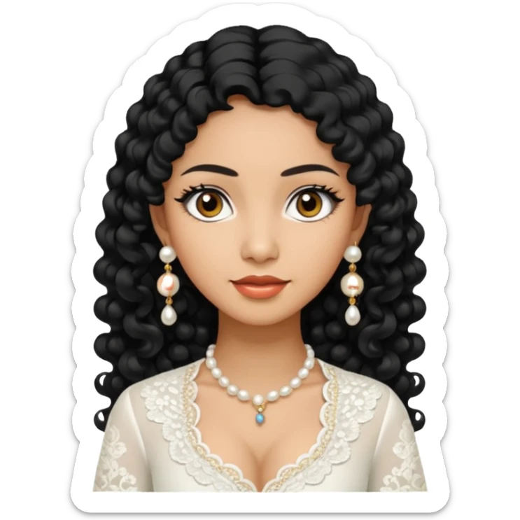 tan skin women, with black long Curly hair, wear white kebaya , and pearl earring sticker