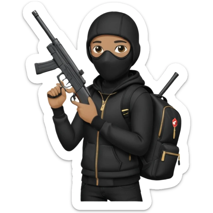 YN wearing a ski mask, holding a gun, all black fit, black jeans, Sprayground bookbag, confident stance sticker