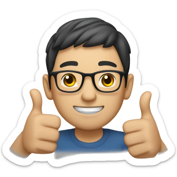 asian male with glasses and short hair and pale skin with a big thumbs up sticker