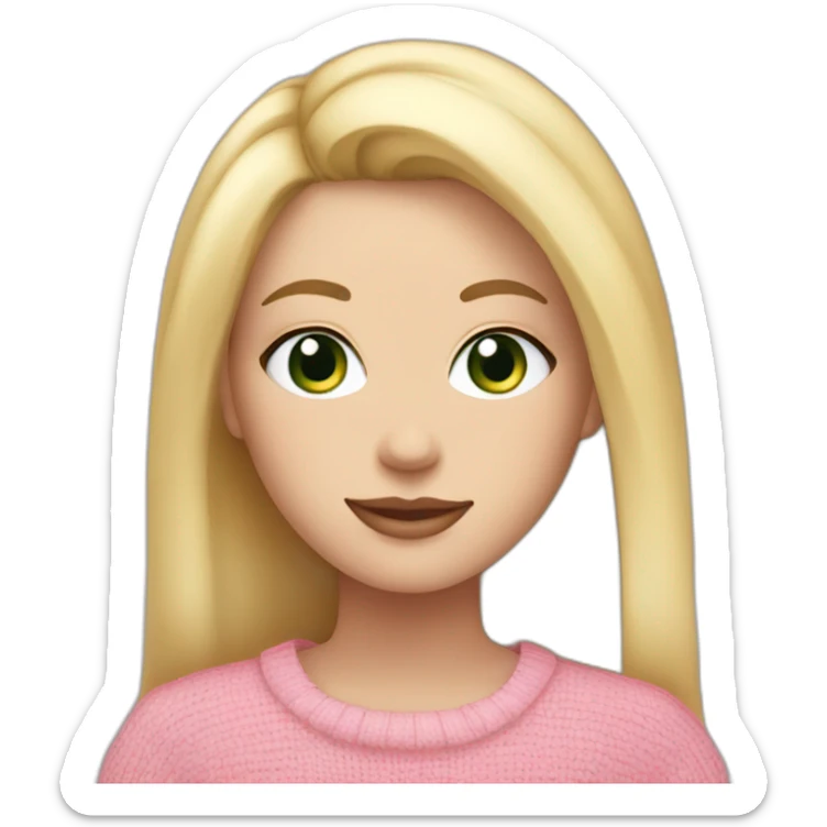 white girl, green eyes, blond staight hair pink lips pink sweater with smiley  sticker