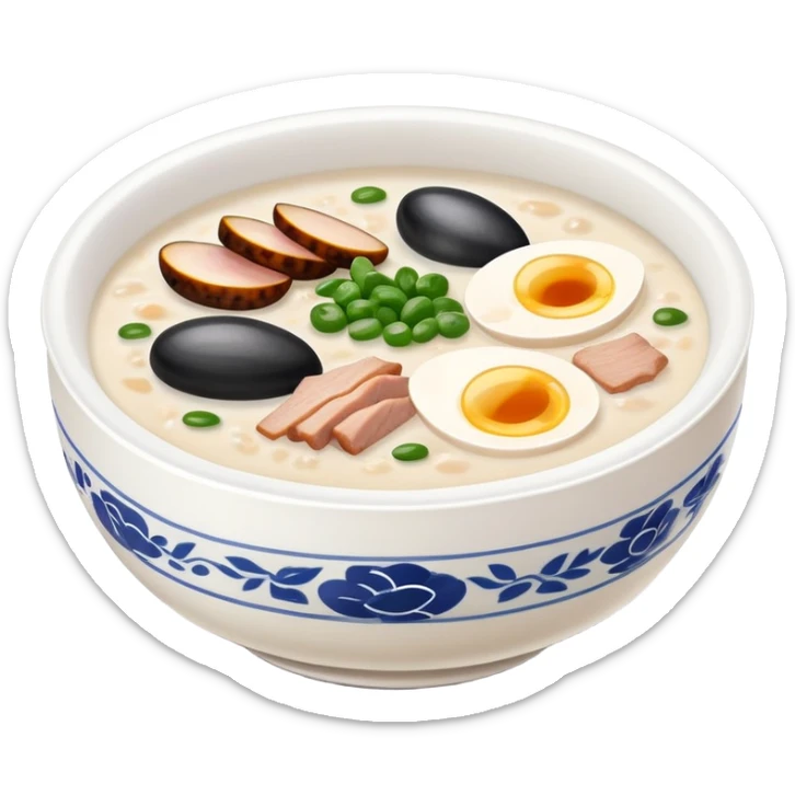 Guangzhou rice porridge congee with century egg and pork, simplified emoji style with bold outlines and bright colors, cartoon style Southern Chinese breakfast bowl sticker