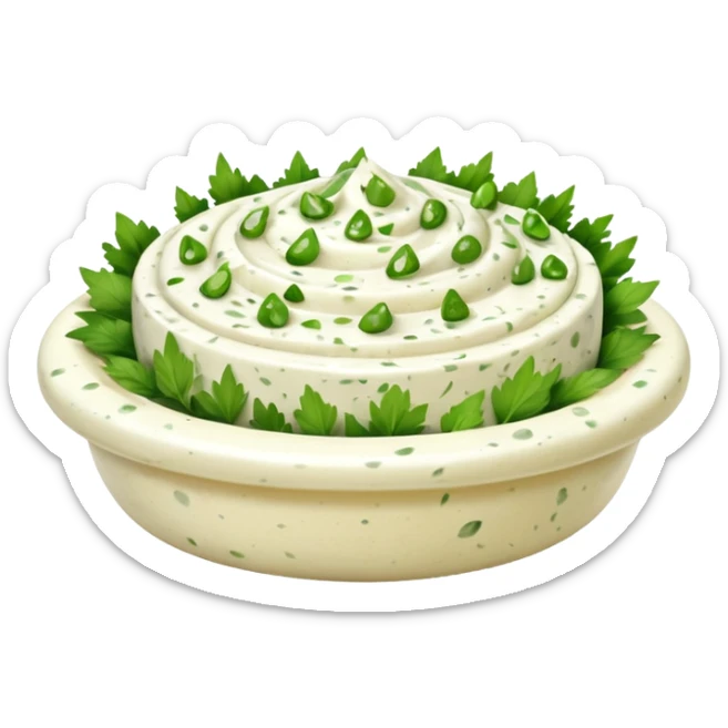 garlic and herb cream cheese thick dollop or swirl white speckled with green herbs and garlic bits smooth glossy visible flecks optional small ramekin no bread vegetables or garnish no faces clean 3D soft shadows transparent background emoji scale sticker